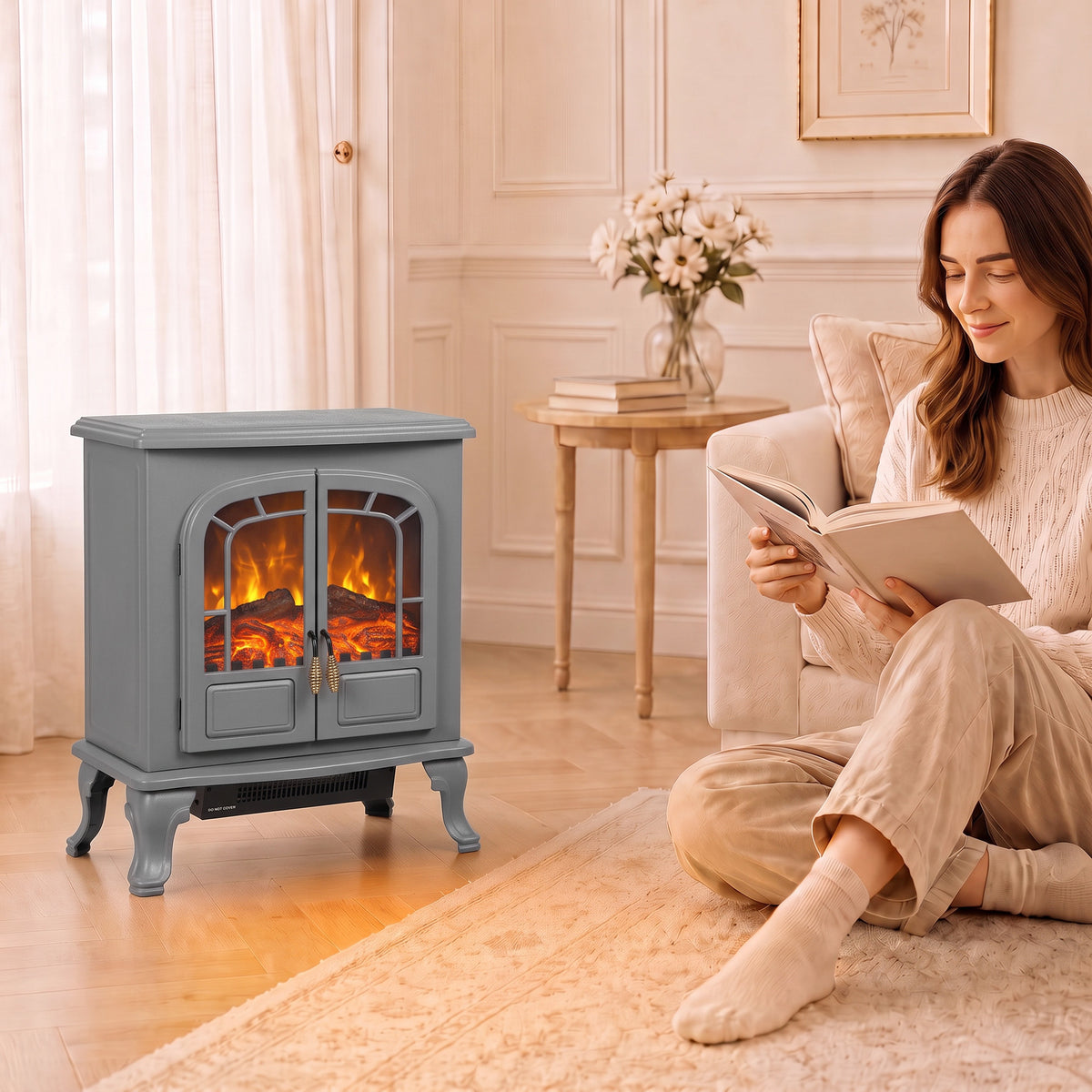 Free Standing Electric Fireplace Stove Led Fire Flame Effect | Grey