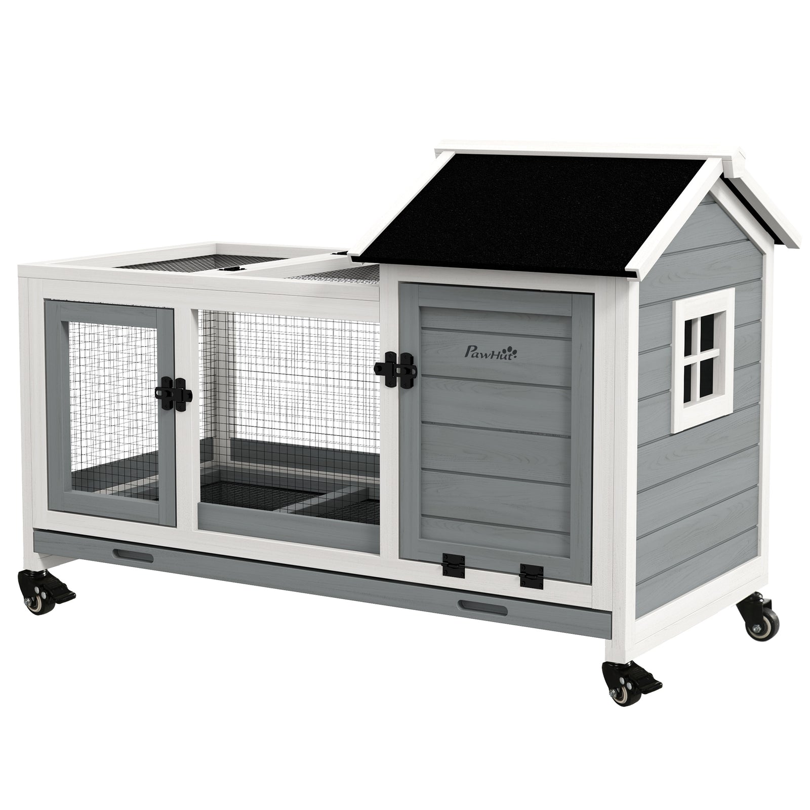 Wooden Rabbit Hutch, Small Animal  House W/ Wheels, Removable Tray | Gray