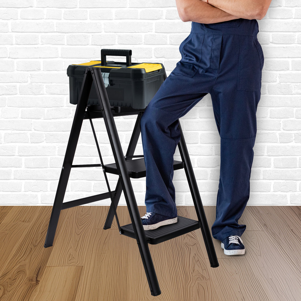 Step Ladder Compact Black, Heavy-duty Steel Folding Step Stool 150kg Capacity | 3 Step | Black