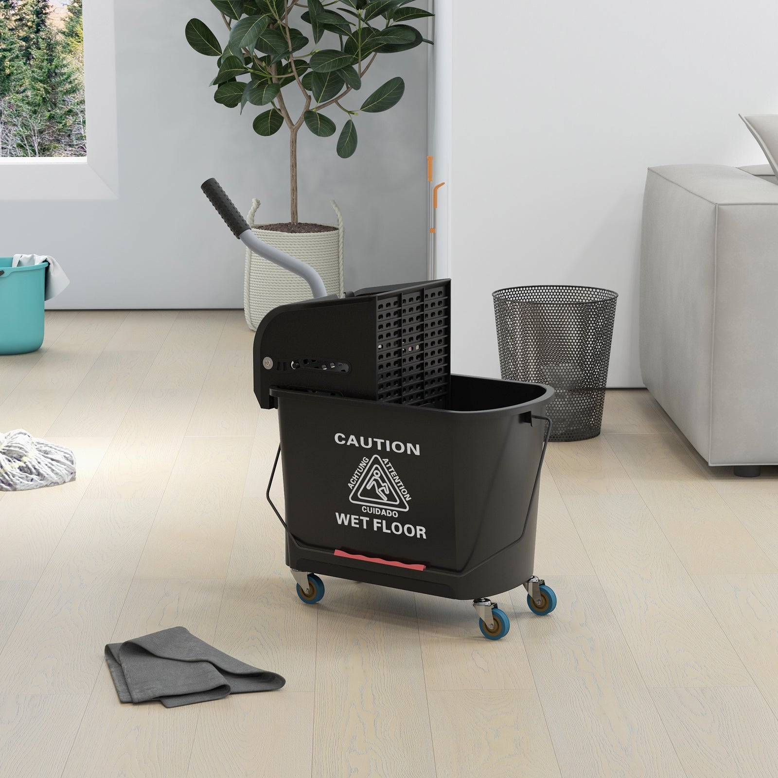 20l Mop Bucket With Wringer Handle On Wheels Floor Cleaning | One Size | Black