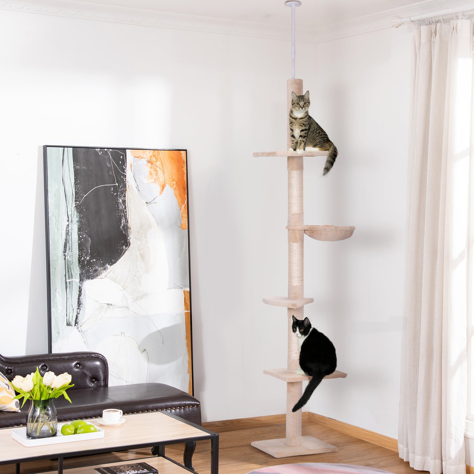 Floor To Ceiling Cat Tree For Indoor Cats 5-tier Kitty Tower | Beige