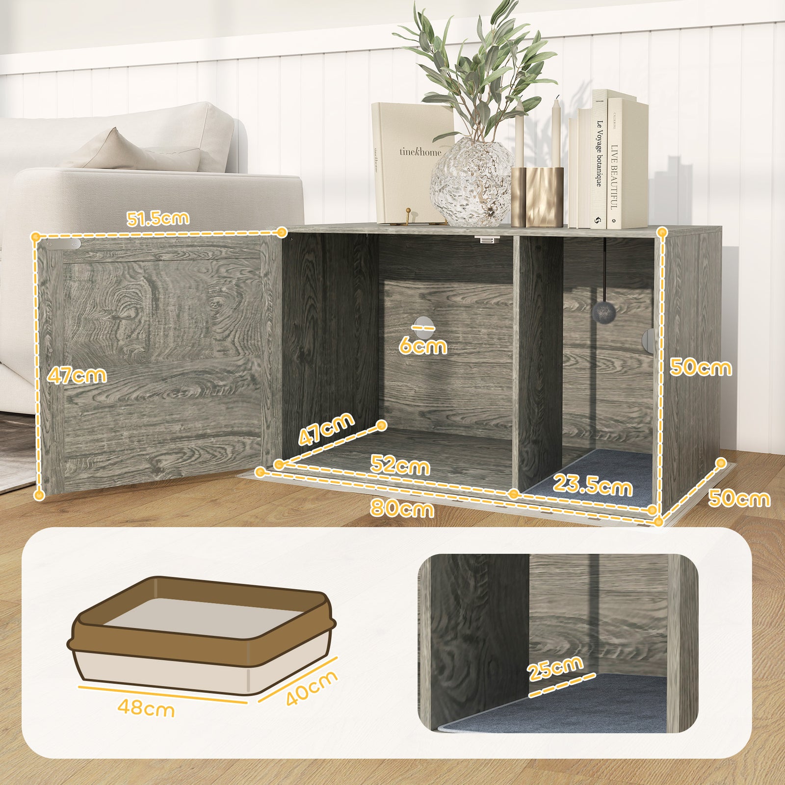 Boho Style Cat Litter Box Enclosure With Rattan Door, Scratching Mat, Toy Ball
