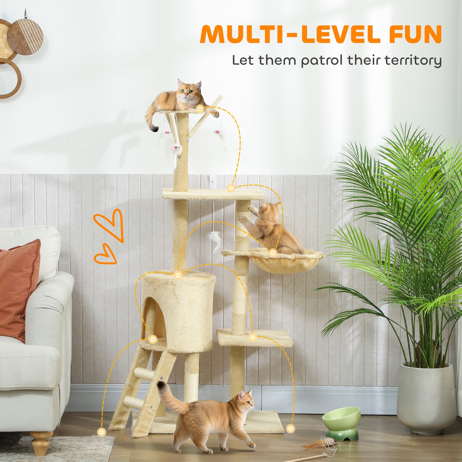 Cat Tree For Indoor Cats, 134cm Scratching Post Climbing Tower | Beige