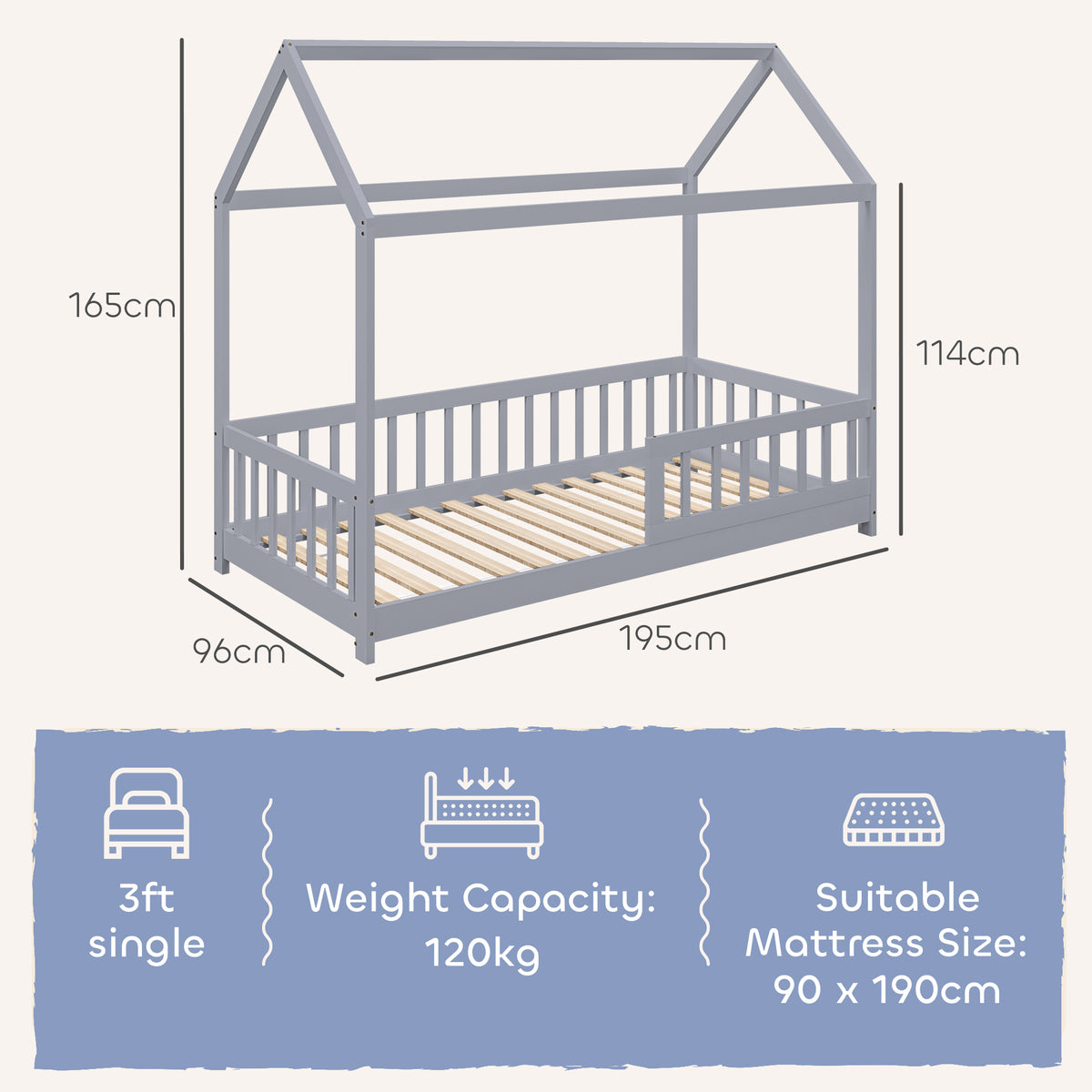 House-shaped Kids Bed Frame With Guard Rails For Boys Girls | Grey