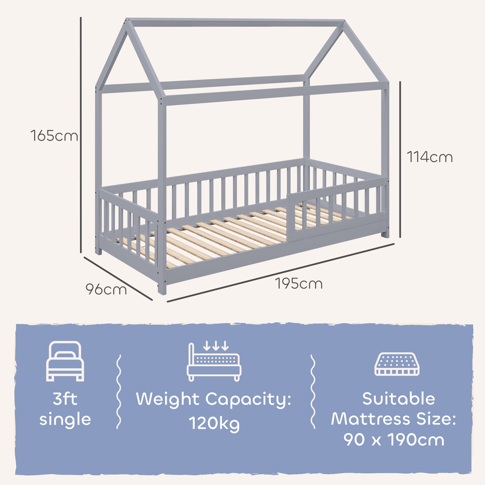 House-shaped Kids Bed Frame With Guard Rails For Boys Girls | Grey