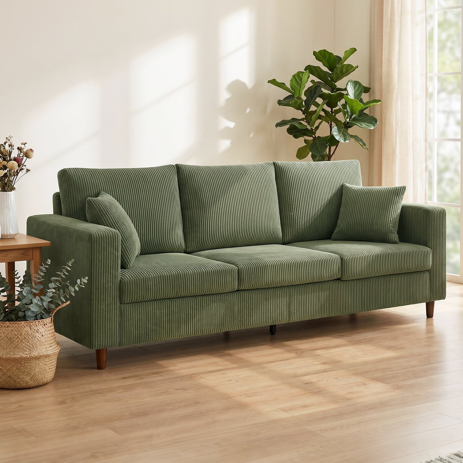 3 Seater Sofa With Wide Seat, Corduroy Upholstered | Green