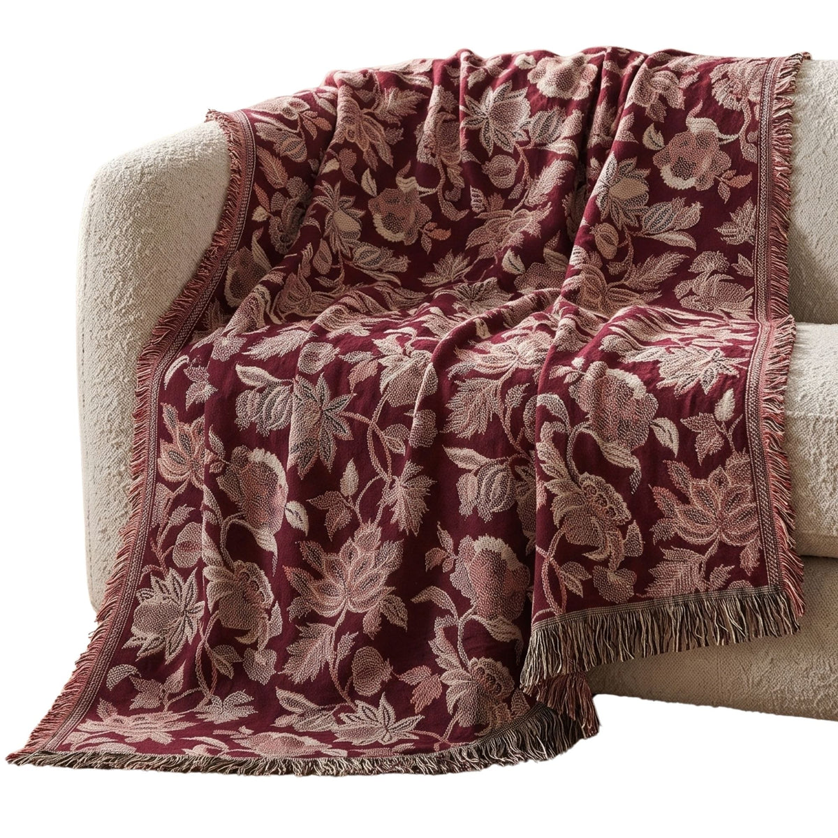 Pure Handmade 100% Cotton Heritage Floral Jacquard Bed & Sofa Throw Blanket, Maroon