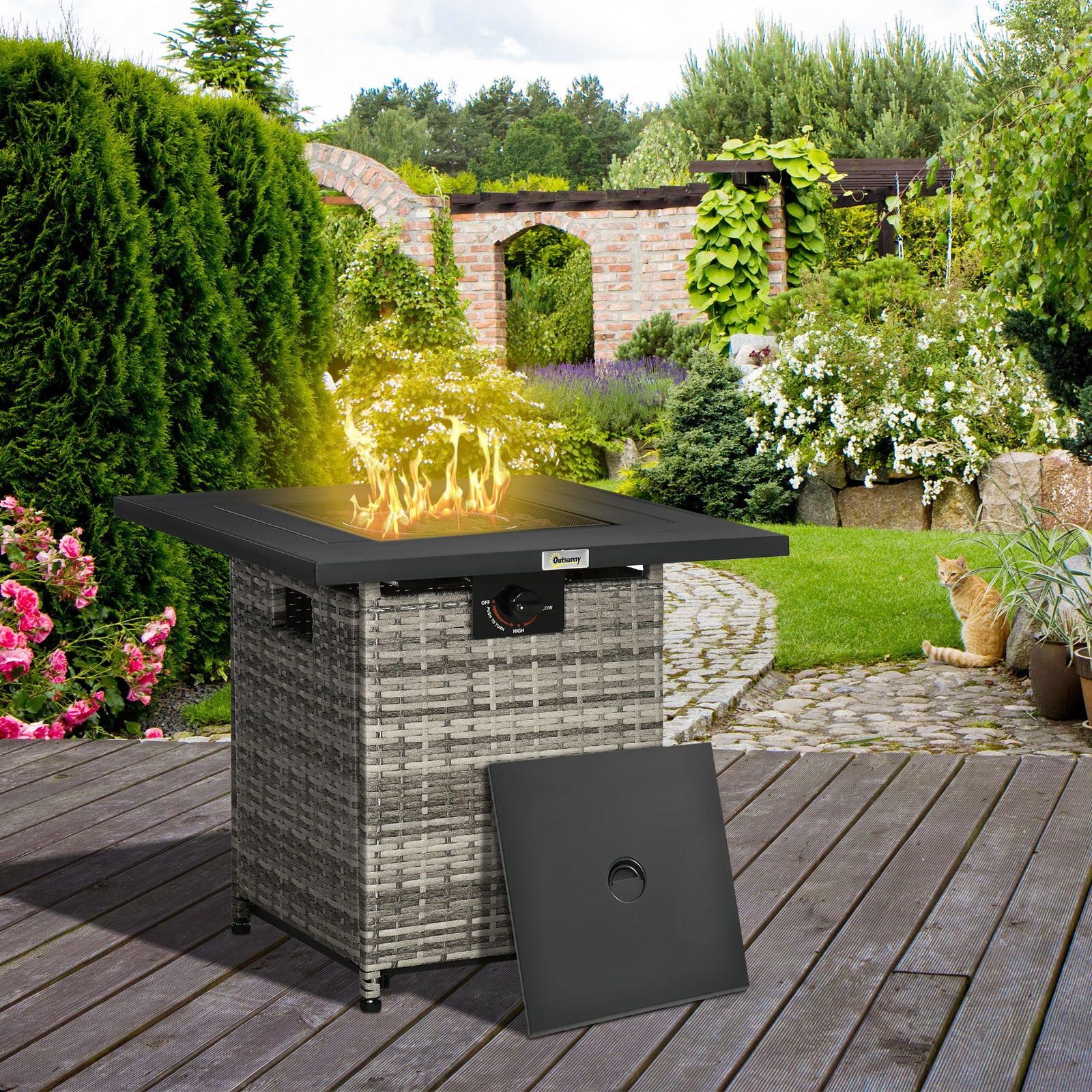Pe Rattan Gas Fire Pit Table With Rain Cover Mesh Lid