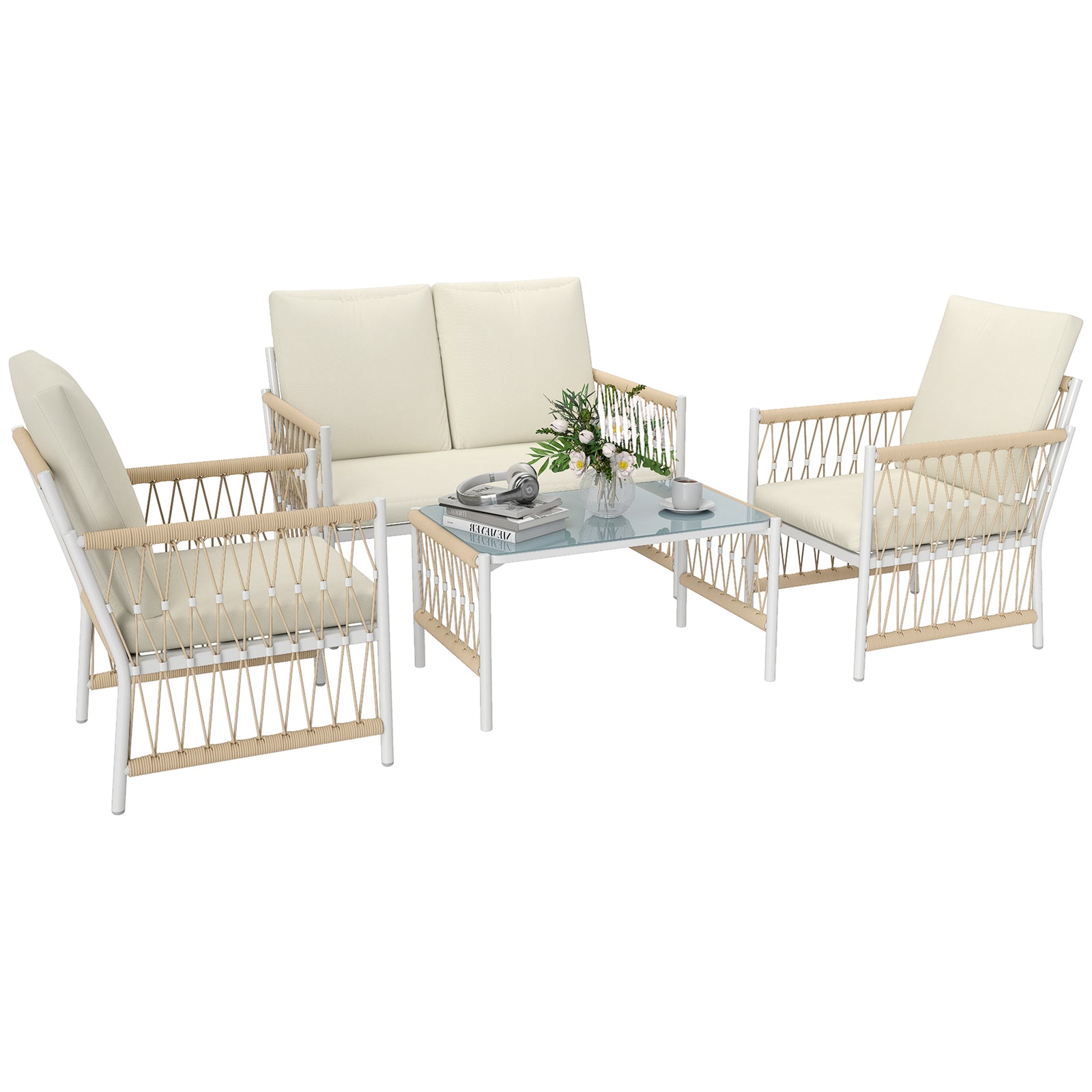 4 Piece Rattan Set, Wicker Conversation Set | Khaki