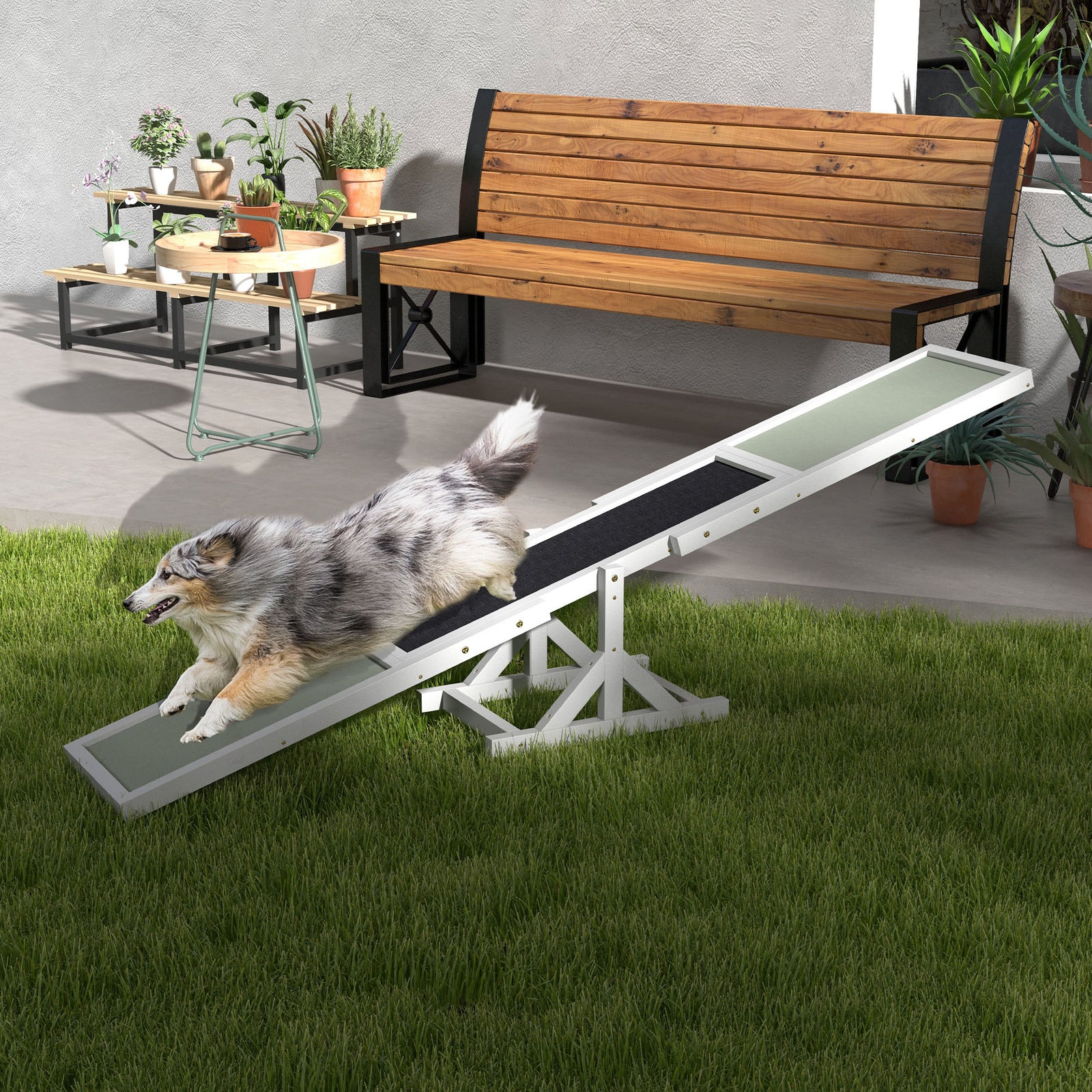 Wooden Pet Seesaw For Big Dogs With Anti-slip Surface, 180 X 30 X 30cm | White