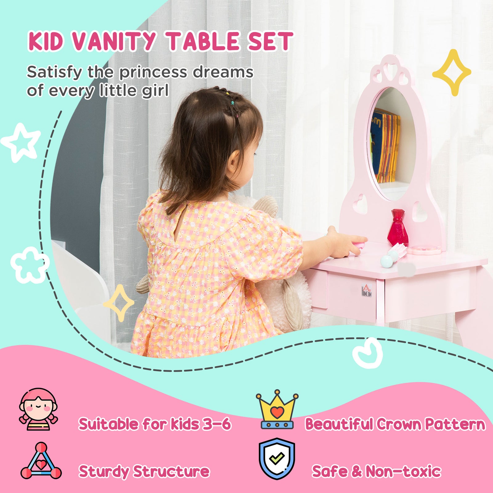 Kids Vanity Table & Stool Girls Dressing Set Make Up Desk With Mirror Pink