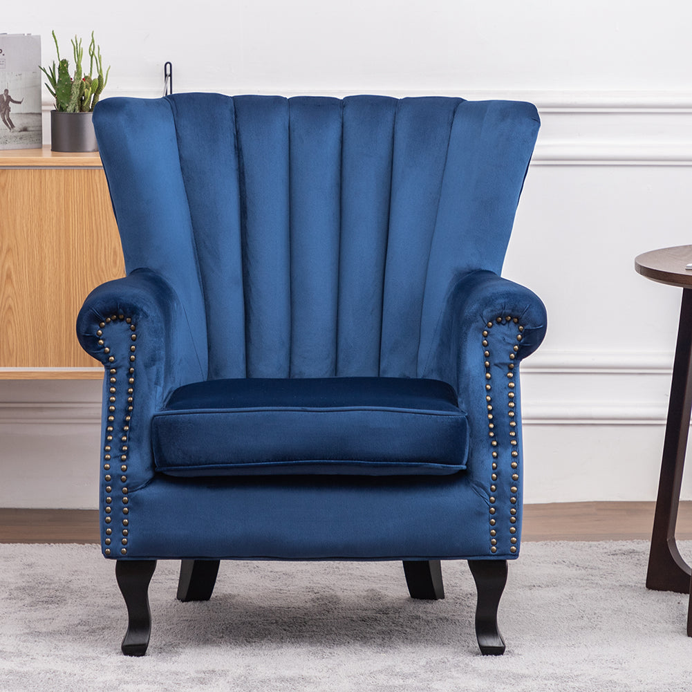 Vintage Old-fashion Velvet Wing Back Armchair With Studs | Dark Blue