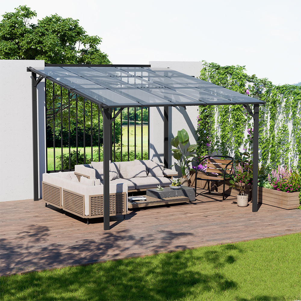 Outdoor Wall-mounted Gazebo Canopy With Polycarbonate Roof, Heavy Duty Patio Pergola Shelter, Uv Resistant Waterproof Sunshade | Medium | Grey