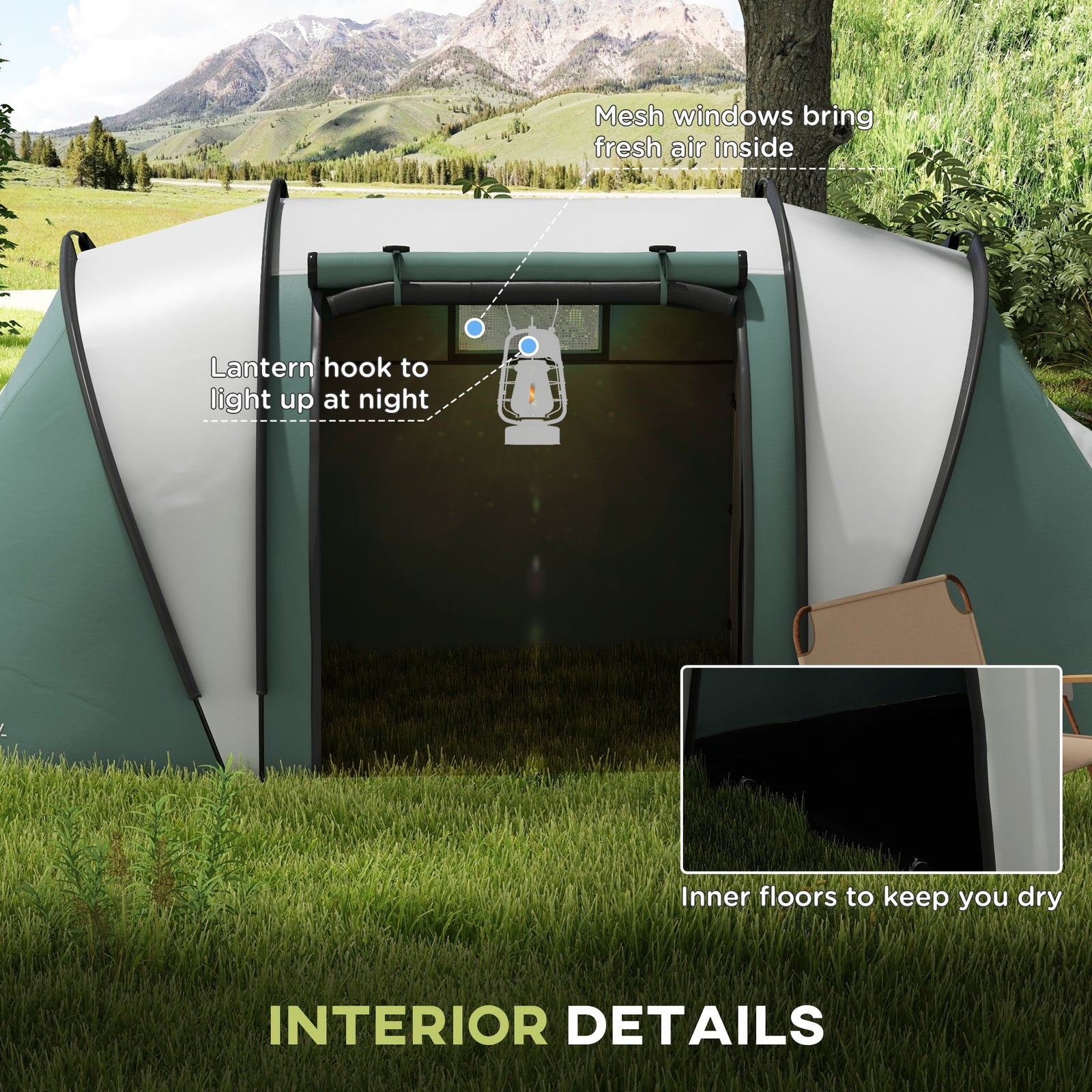 2 Bedroom Camping Tent With Living Area, 3000mm Waterproof | Green