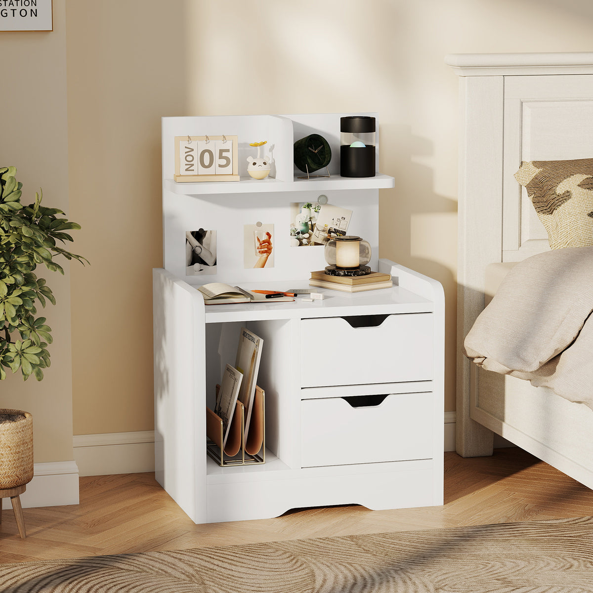 HOMCOM Modern Bedside Table With 2 Drawers And Open Shelves For Bedroom
