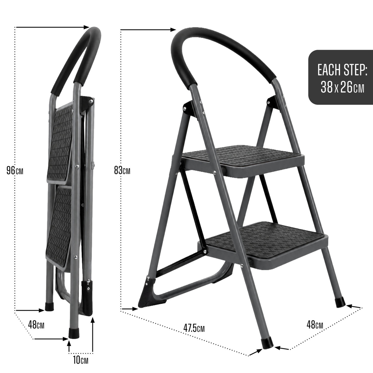 Step Ladder Premium Heavy-duty Steel Folding Step Stool 150kg Capacity | 2 Step | Grey