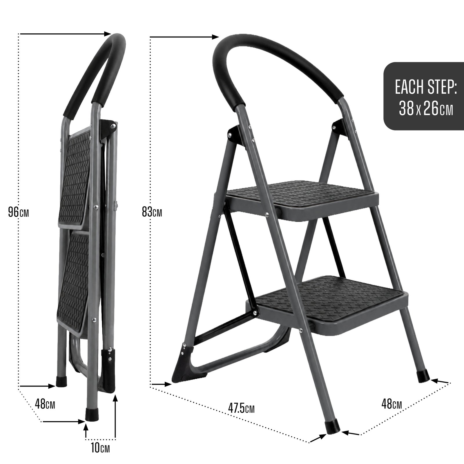Step Ladder Premium Heavy-duty Steel Folding Step Stool 150kg Capacity | 2 Step | Grey