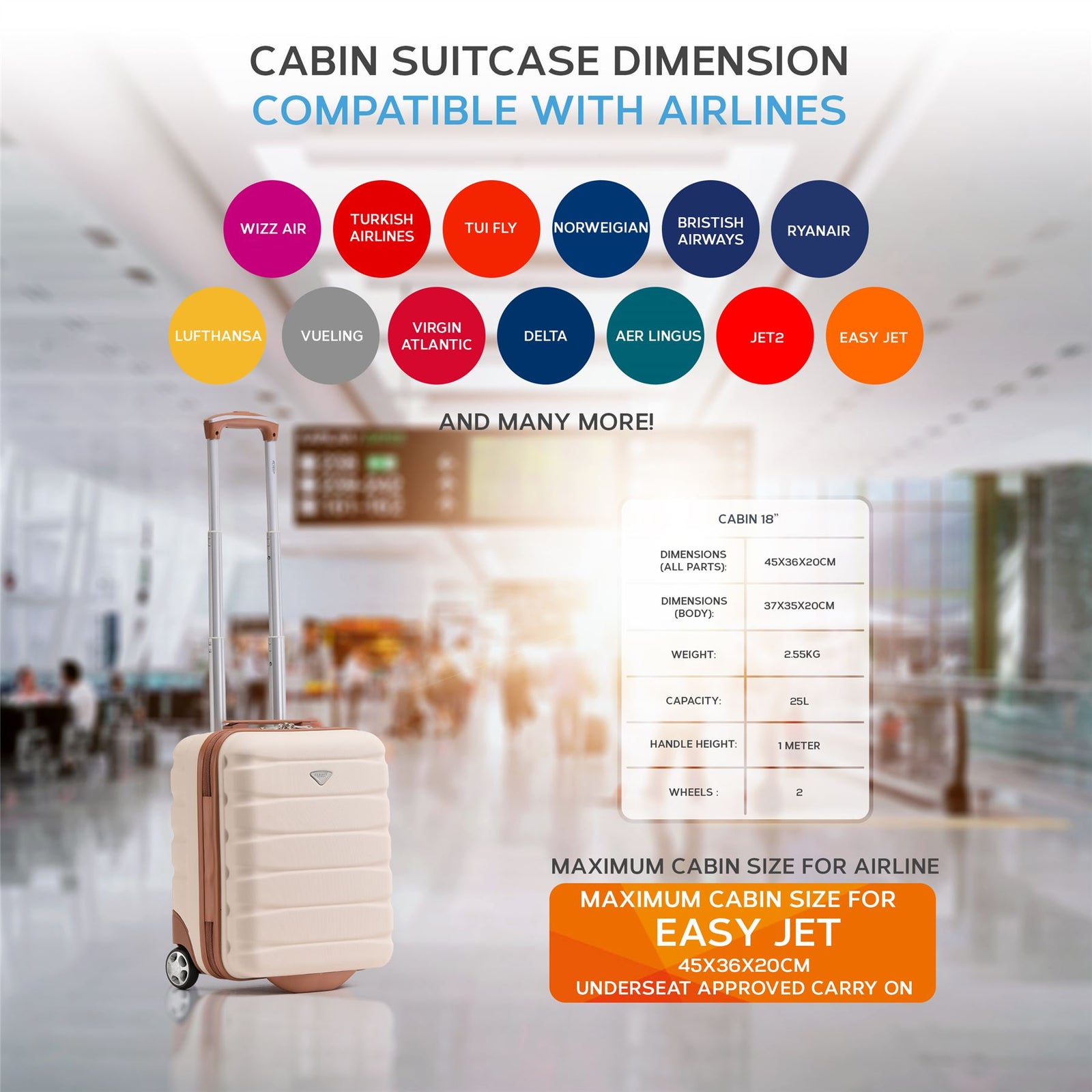 45x36x20cm Easyjet Free Cabin Bag 2 Wheel Suitcase Hard Shell Carry On | Cabin | Cream