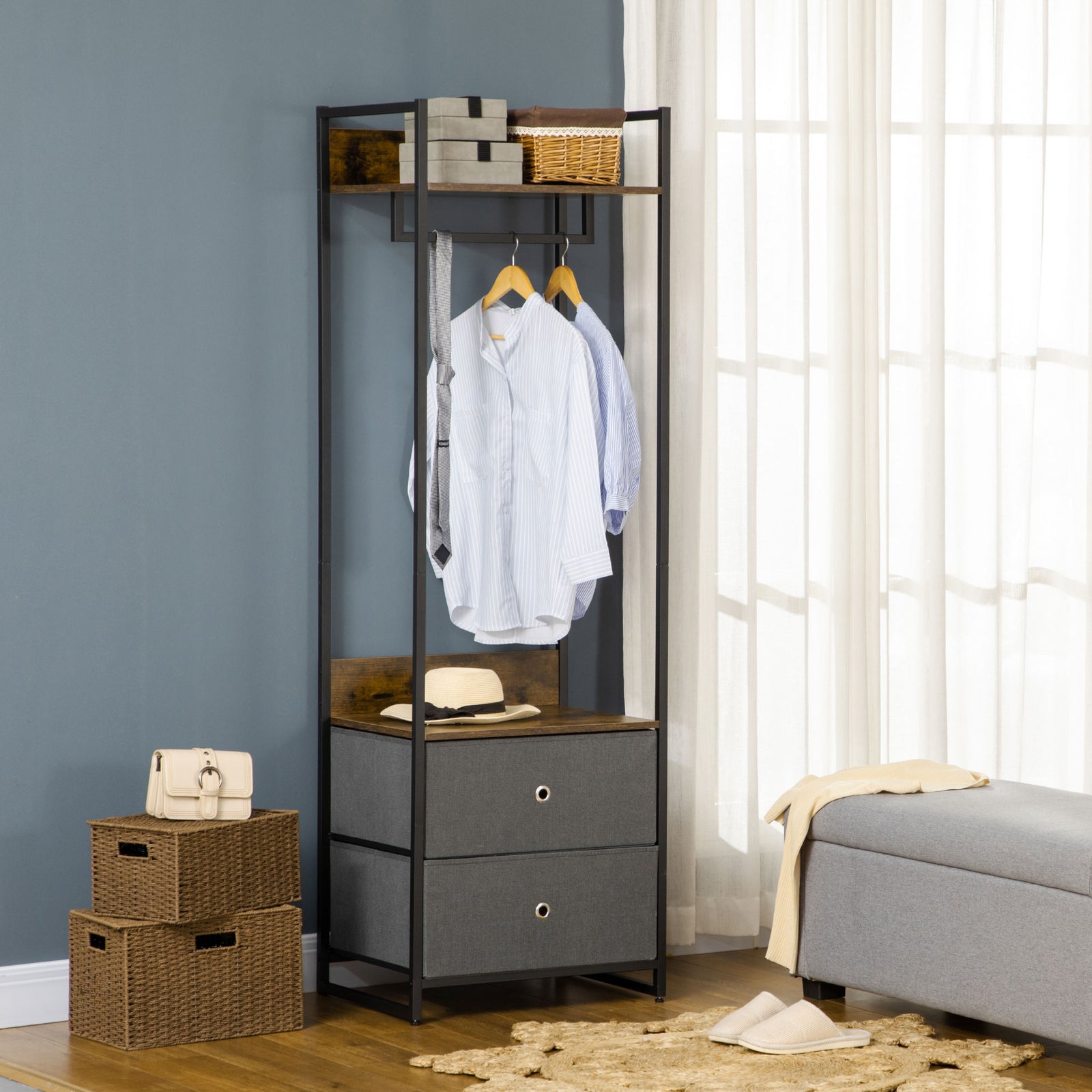 Clothes Rail, Metal Coat Stand, Garment Rack 2 Fabric Drawer