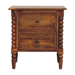 Solid Wood Spindle Leg Amber Oak Nightstand, 2 Drawers, Light Brown