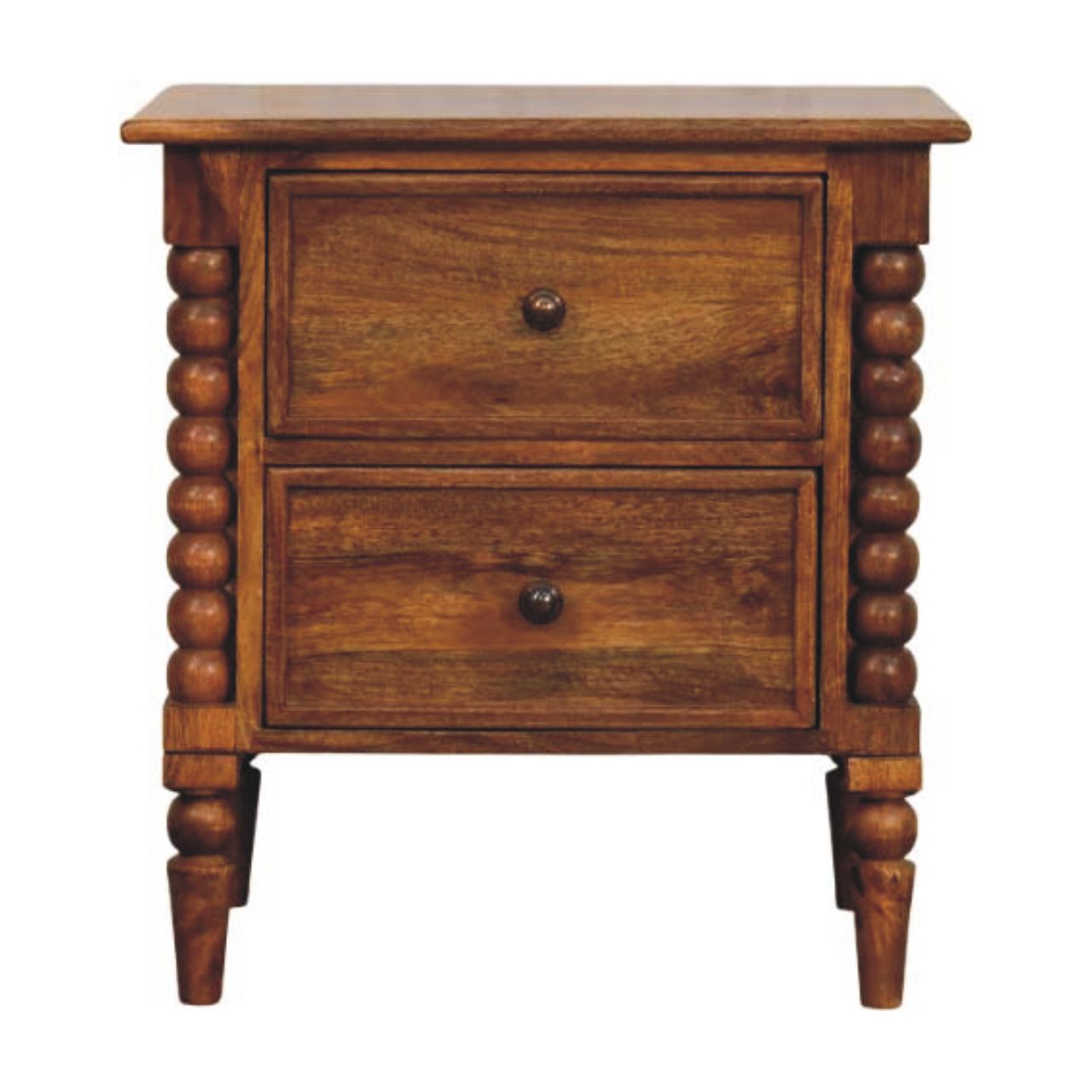 Solid Wood Spindle Leg Amber Oak Nightstand, 2 Drawers, Light Brown