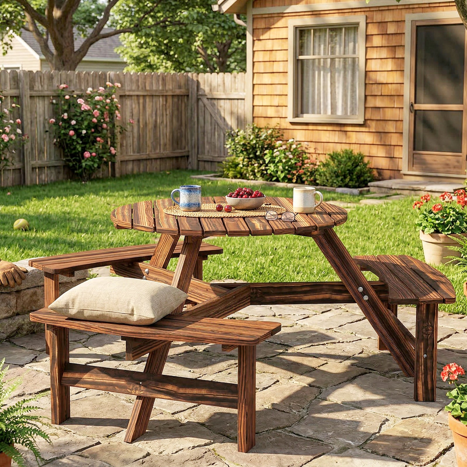 6 Person Fir Wood Table Bench Set Outdoor Garden Patio, Carbonized | Brown