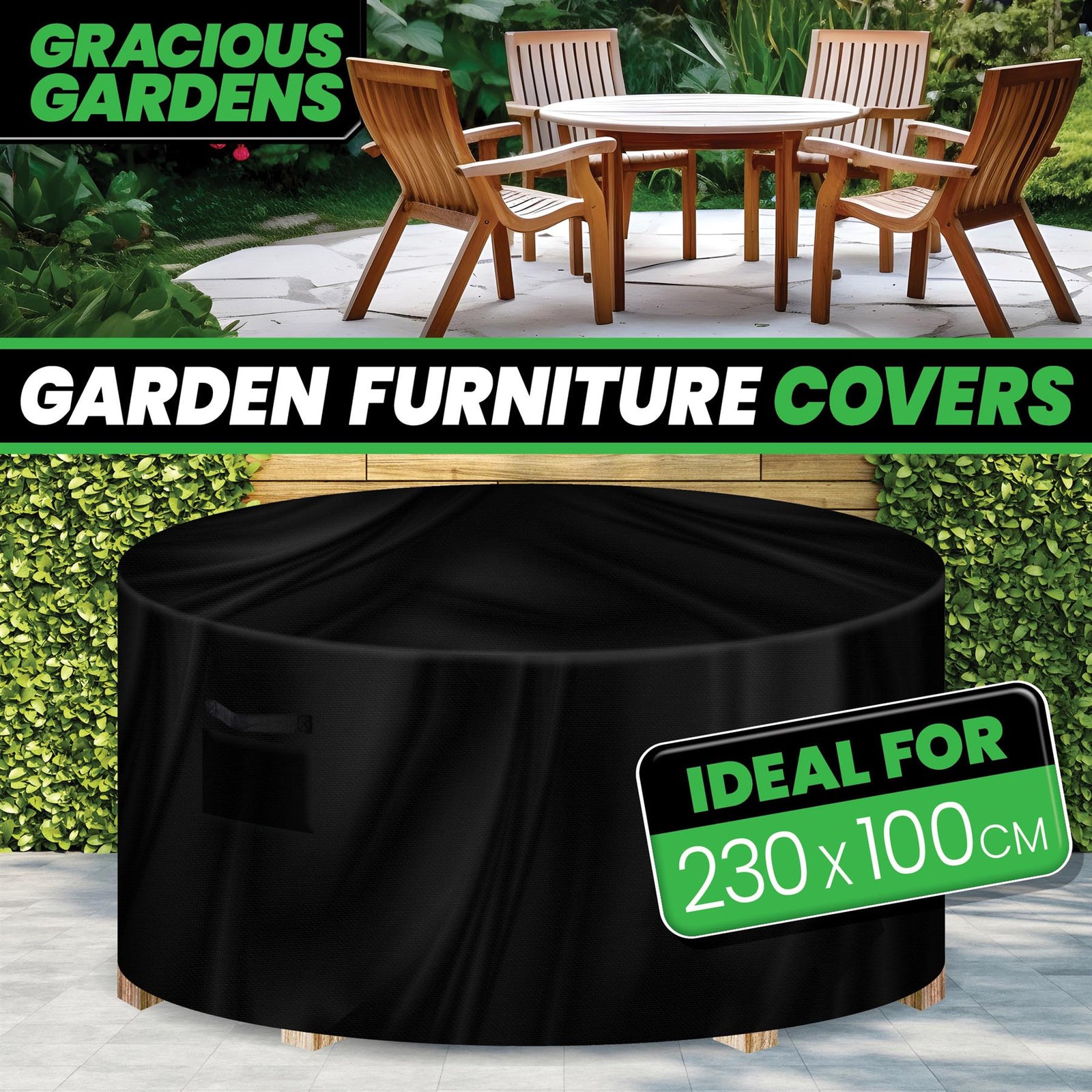 Round Outdoor Patio Waterproof Garden Furniture Cover, Weatherproof Table & Chair Set Protector | 230 x 100cm | Black