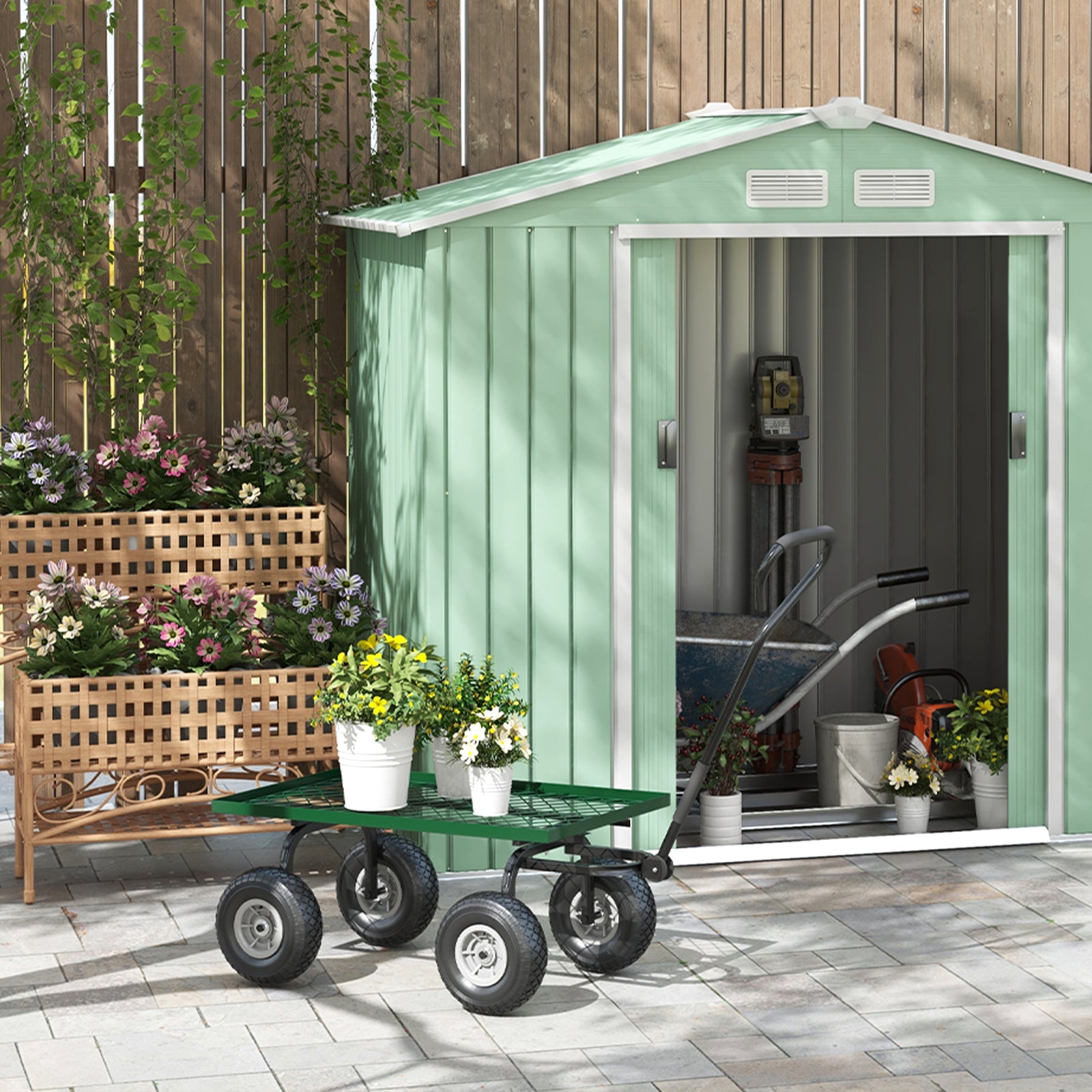 Garden Trolley Cart With Pneumatic Wheels And Rotating Handle | Green
