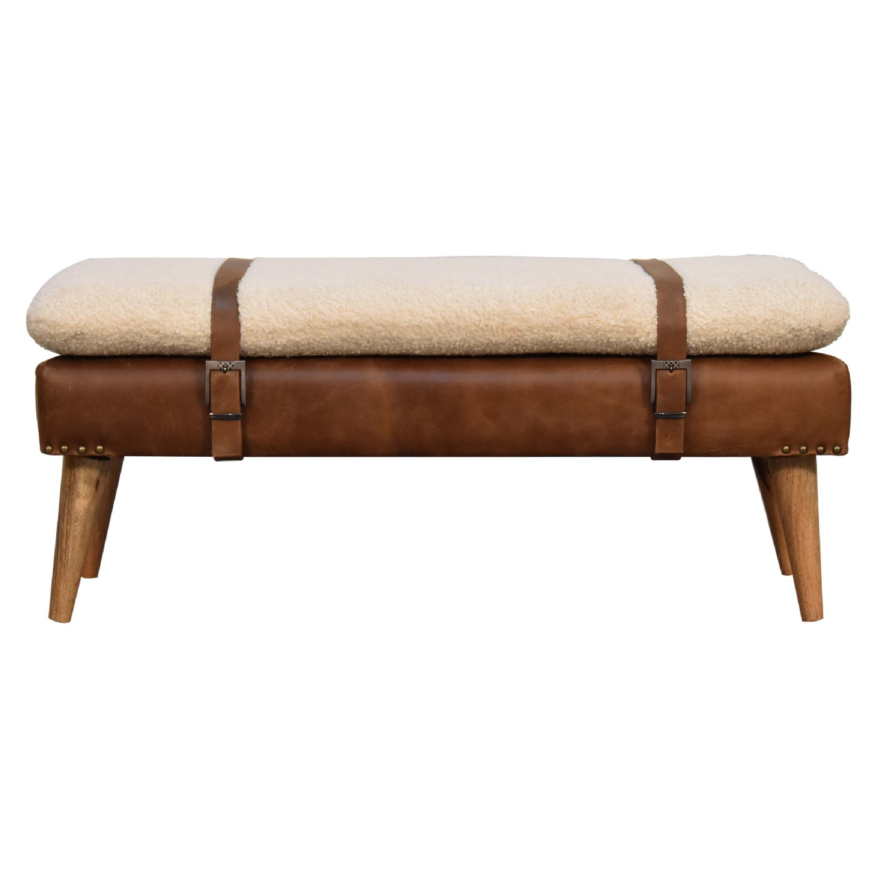 Solid Wood Boucle Buffalo Hide Leather Bench