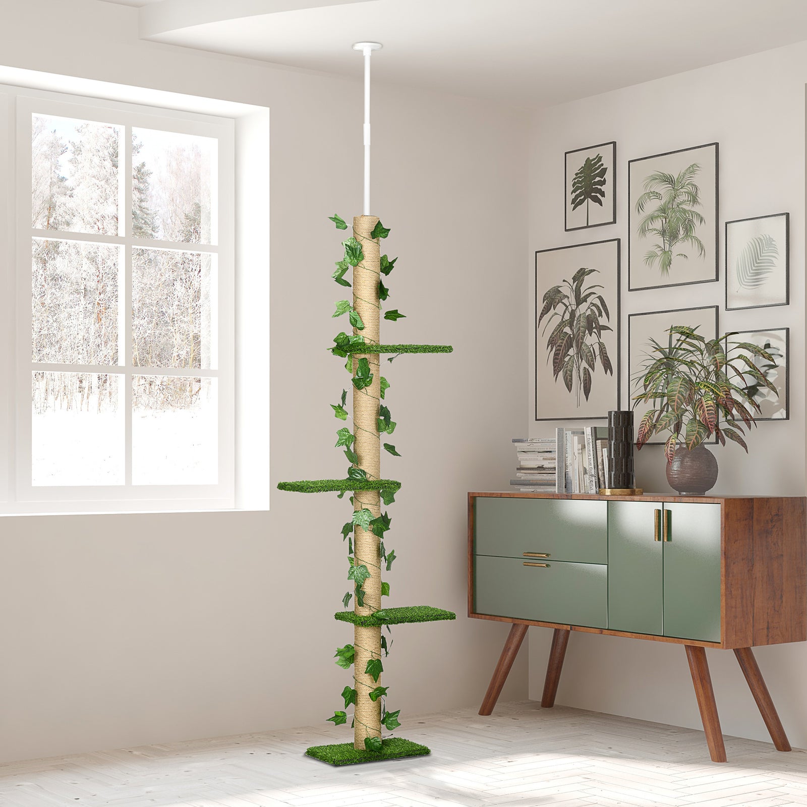 242cm Adjustable Floor-to-ceiling Cat Tower W/ Anti-slip Kit - Green