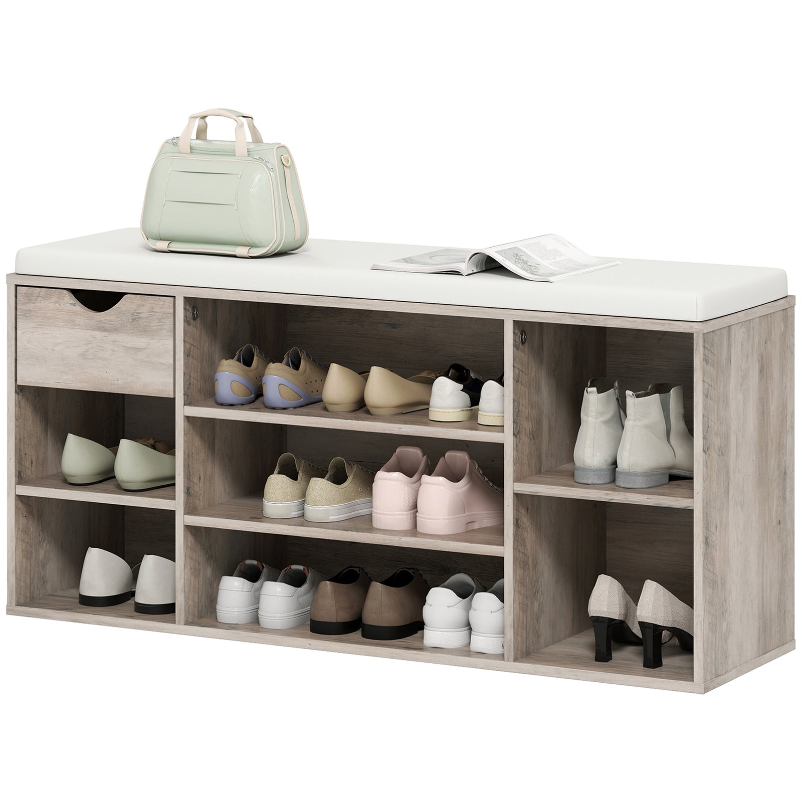 Shoe Storage Cabinet Bench W/ Cushion Adjustable Shelves Grey