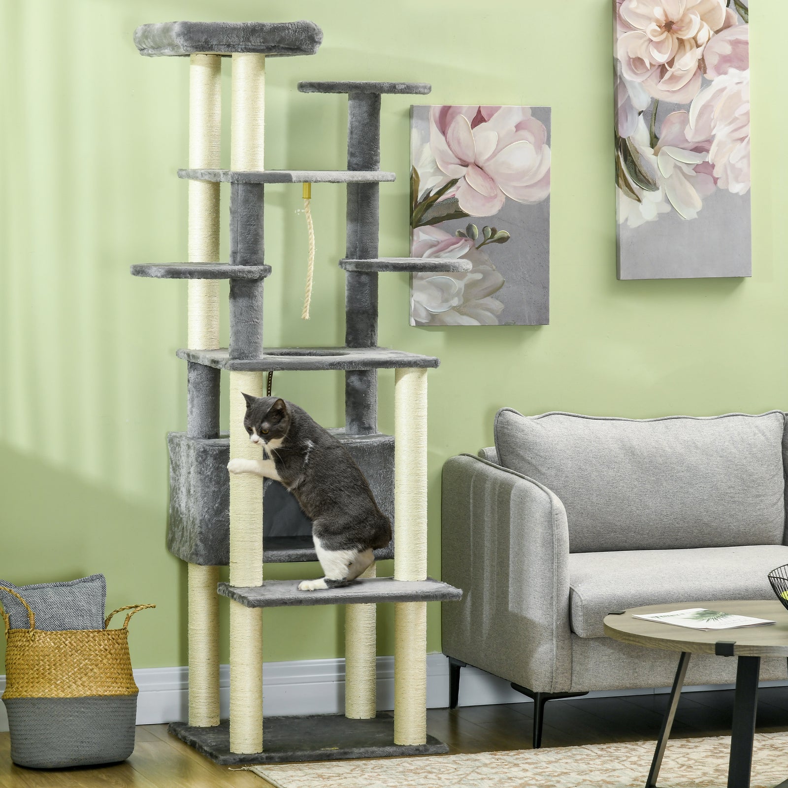 184cm Cat Tree For Indoor Cats, Modern Cat Tower With Cat Bed - Grey