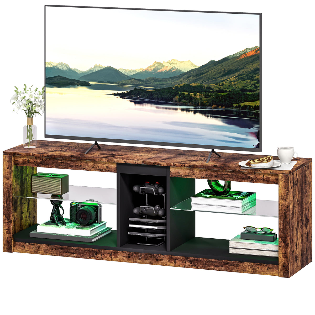 HOMCOM Tv Stand, Entertainment Centre With Led Lights, Rustic Brown