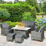 Rattan Set W/ Armchairs Sofa Footstools Fire Pit Table