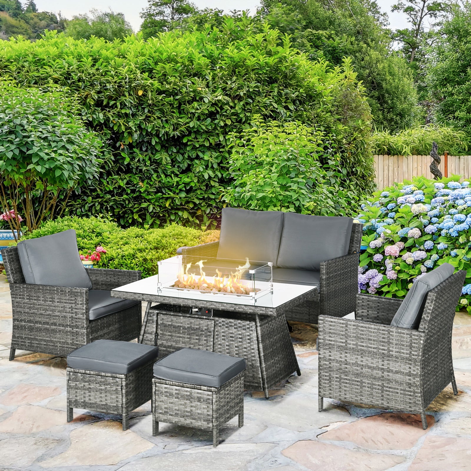 Rattan Set W/ Armchairs Sofa Footstools Fire Pit Table