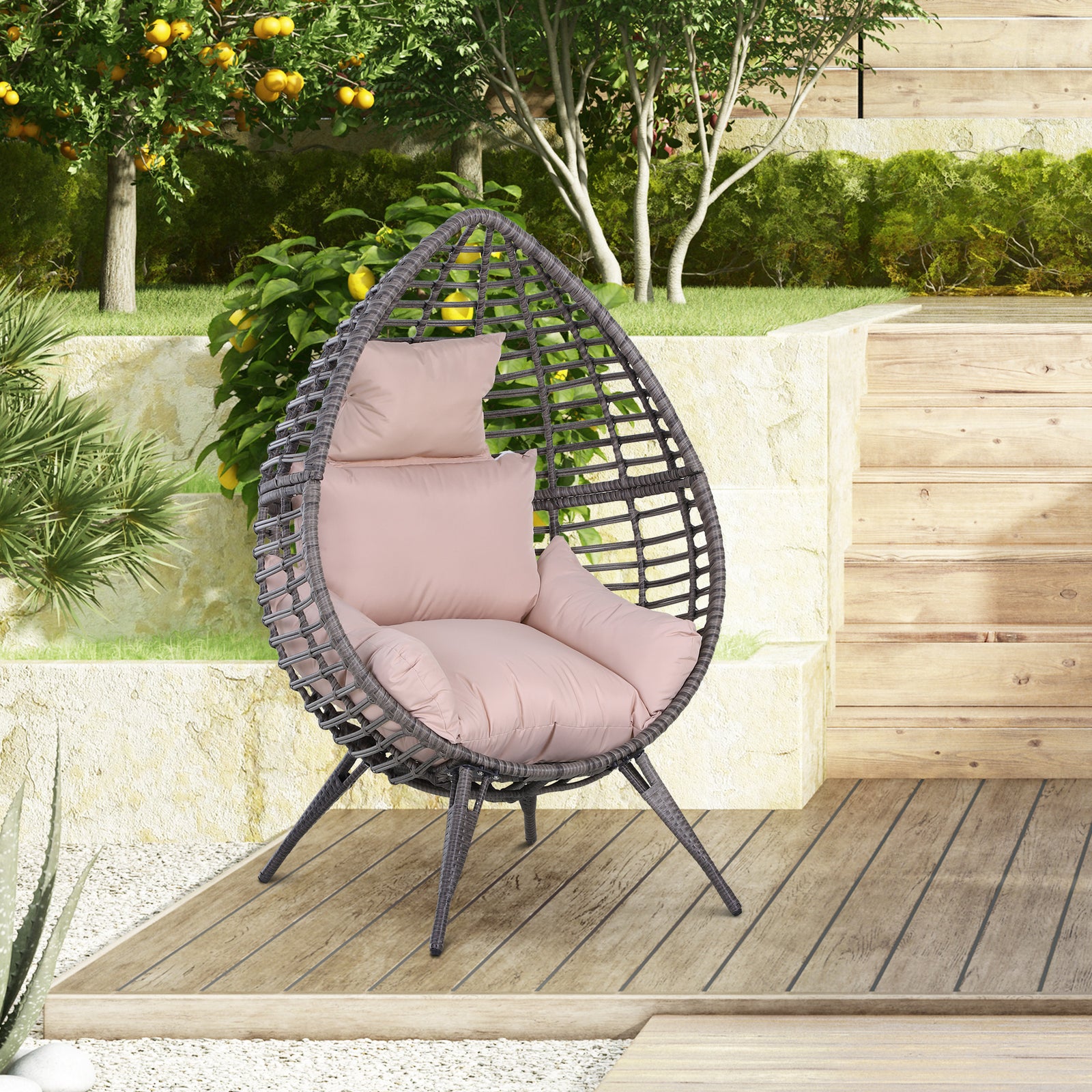 Rattan Wicker Teardrop Chair Lounger Soft Cushioned Patio | Beige