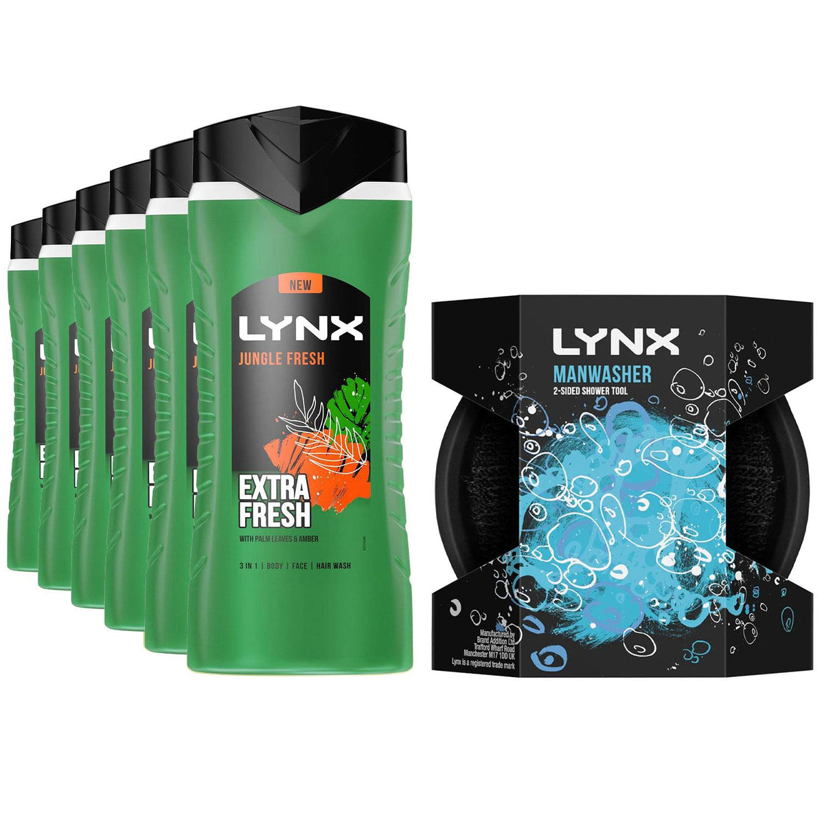Jungle Fresh Shower Gel 500ml With Manwasher 2-sided Shower Tool | Set of 6