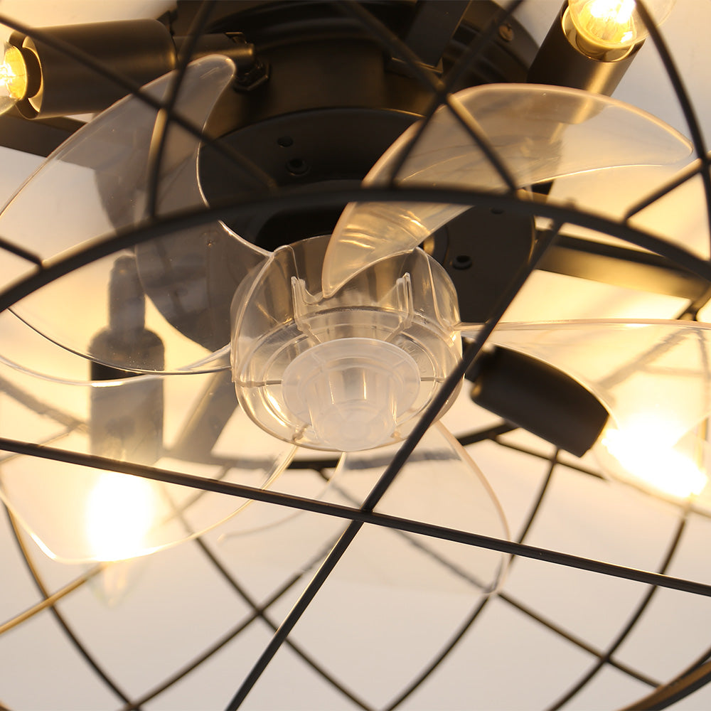 17 Inch Black Flush Mount Cage Ceiling Fan Light With Remote Control Compact Industrial Fan