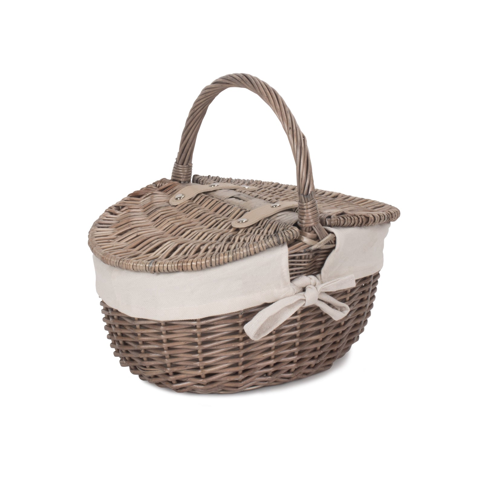 Wicker Small Antique Wash Double Lidded Oval Picnic Basket | White