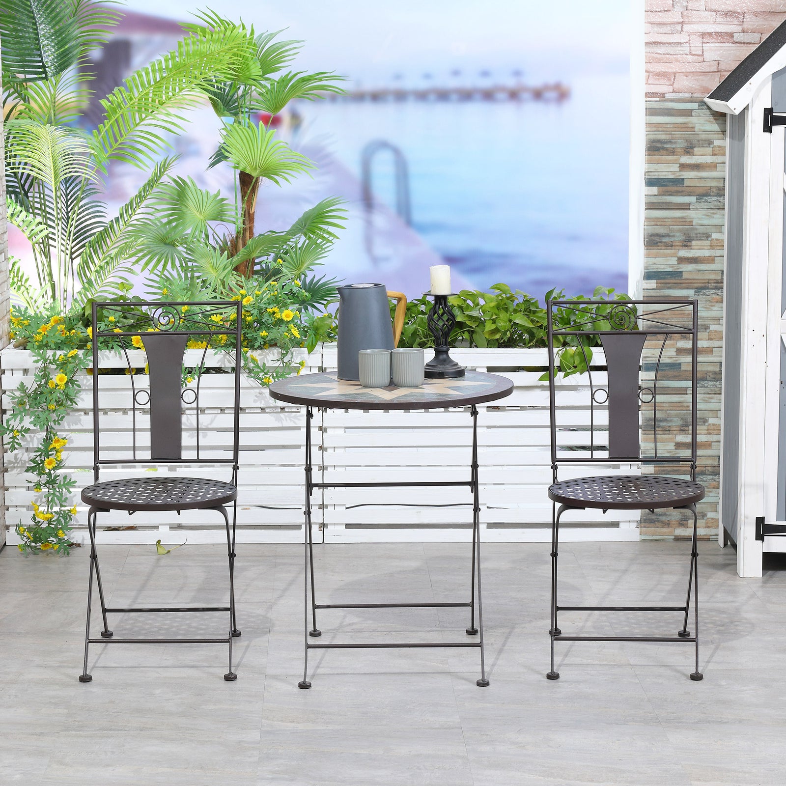 3-piece Patio Bistro Set, Mosaic Table, Foldable Chairs