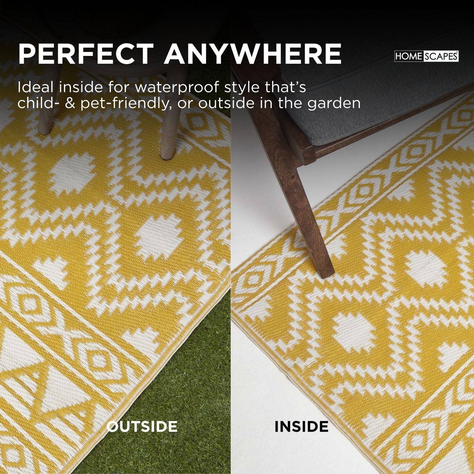 Luxury Outdoor Rug Waterproof Reversible For Garden Patio 100% Recycled, Yellow Anna Aztec | 180cm x 270cm | Yellow