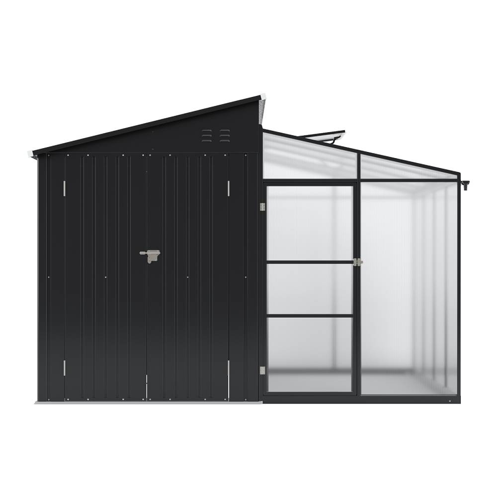 2-in-1 Metal Shed With Greenhouse, Transparent Pc Panels – 10 X 9ft, Zinc Steel & Polycarbonate Construction