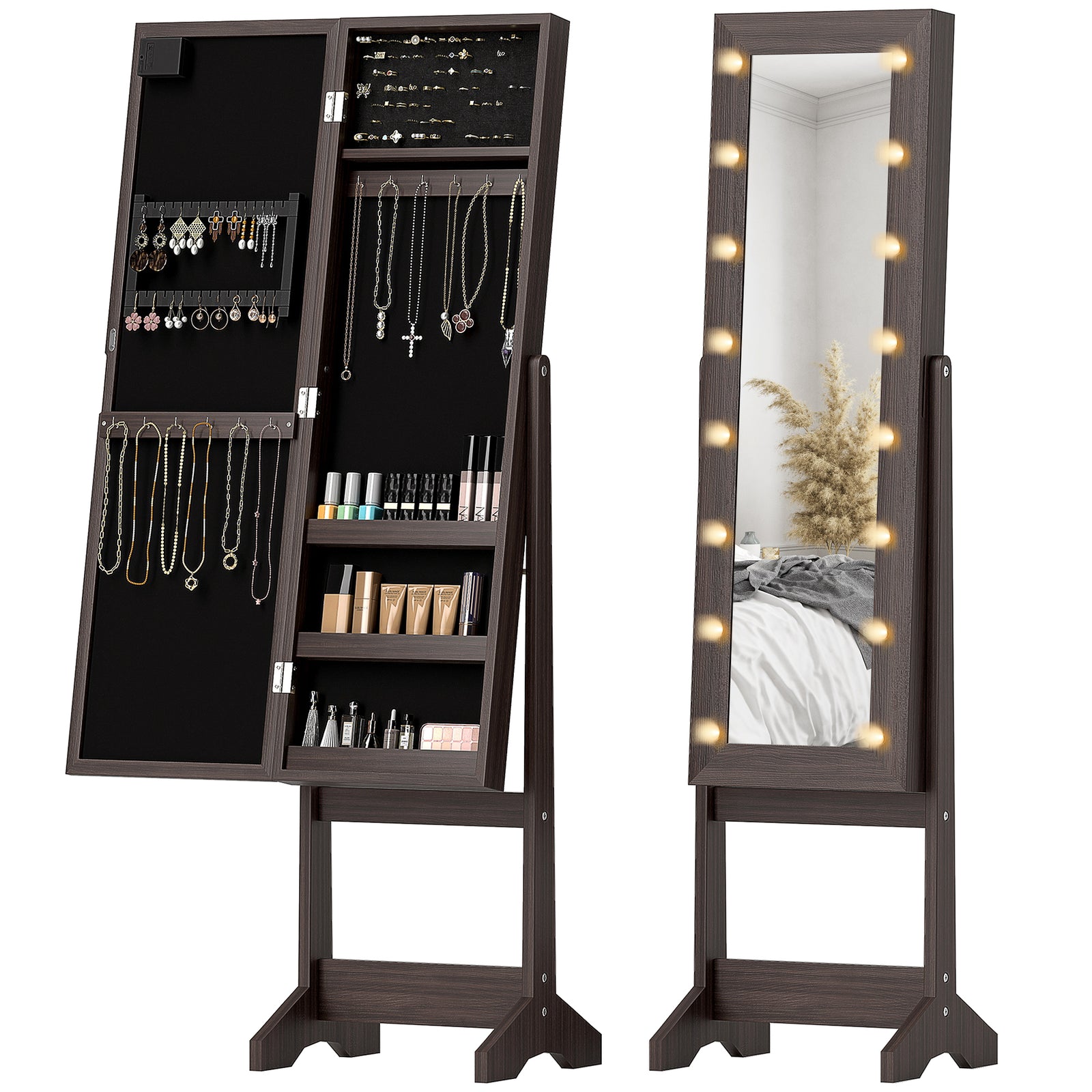 Freestanding Mirror Jewelry Cabinet With Led Lights | Dark Brown