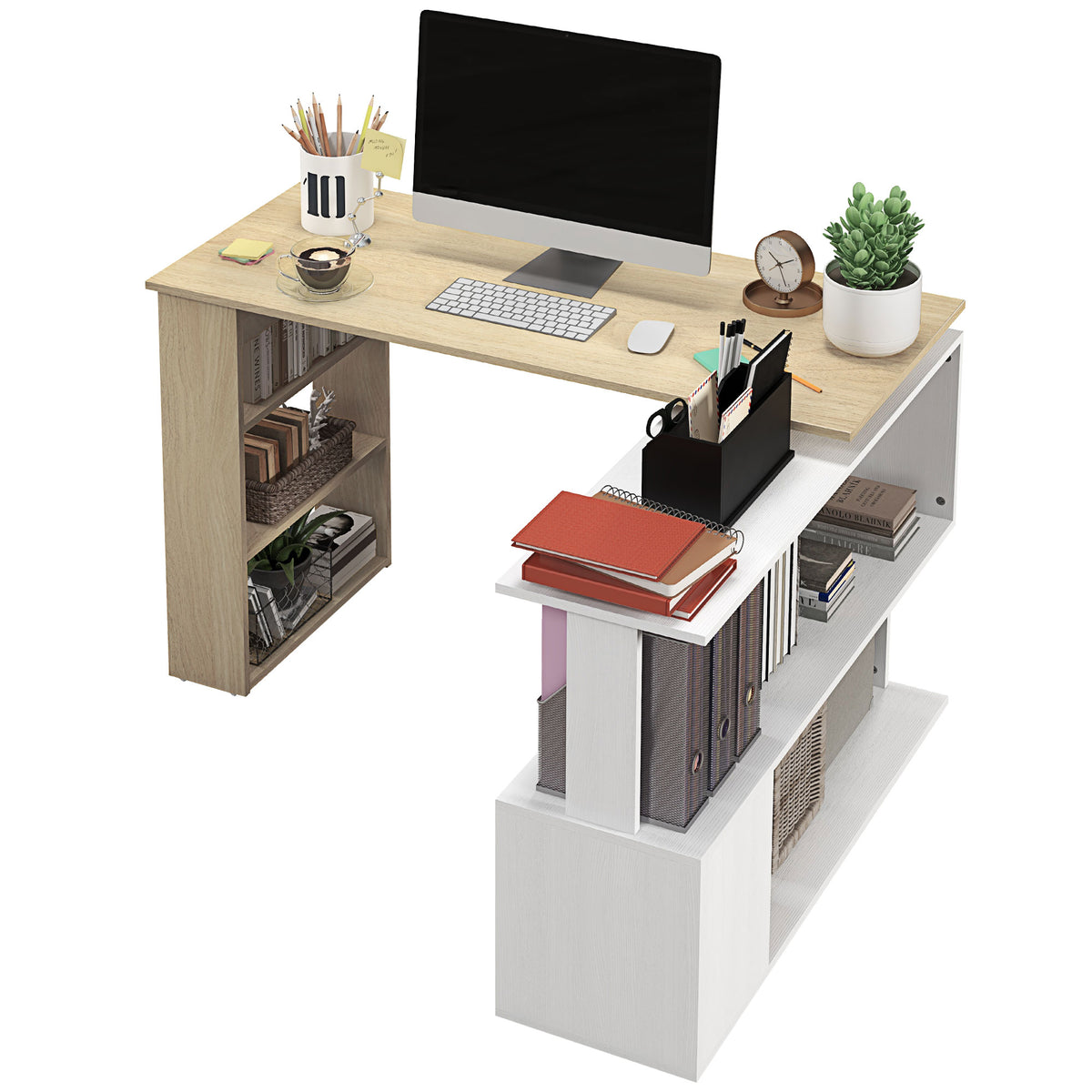 HOMCOM Corner Desk With Rotating Design And Bookshelf