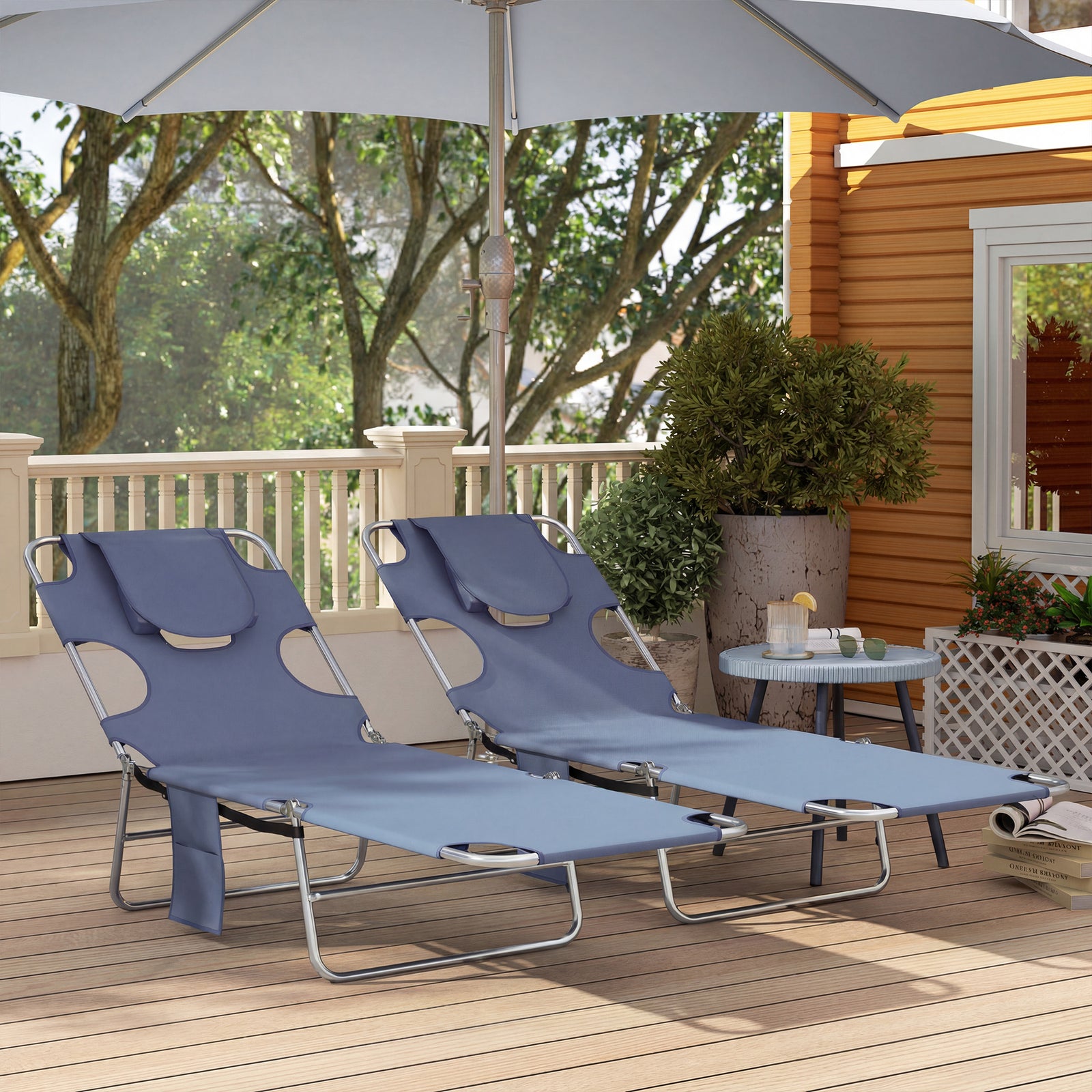 2 Sun Loungers With Reading Hole, Folding Garden Lounger | Grey
