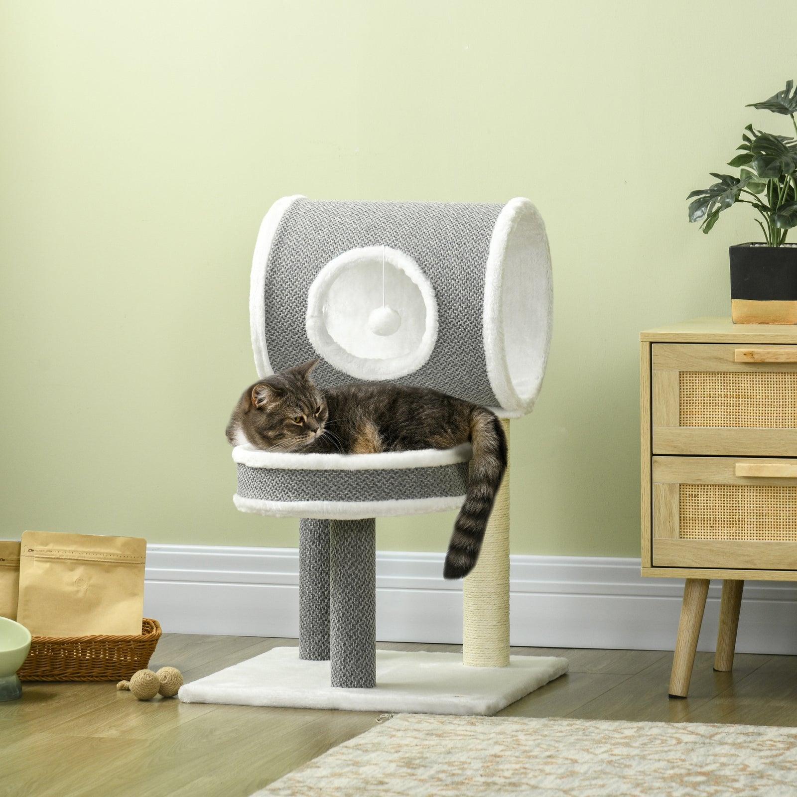 Cat Tower With Scratching Post, Cat Bed, Cat Tunnel, Toy Ball - White