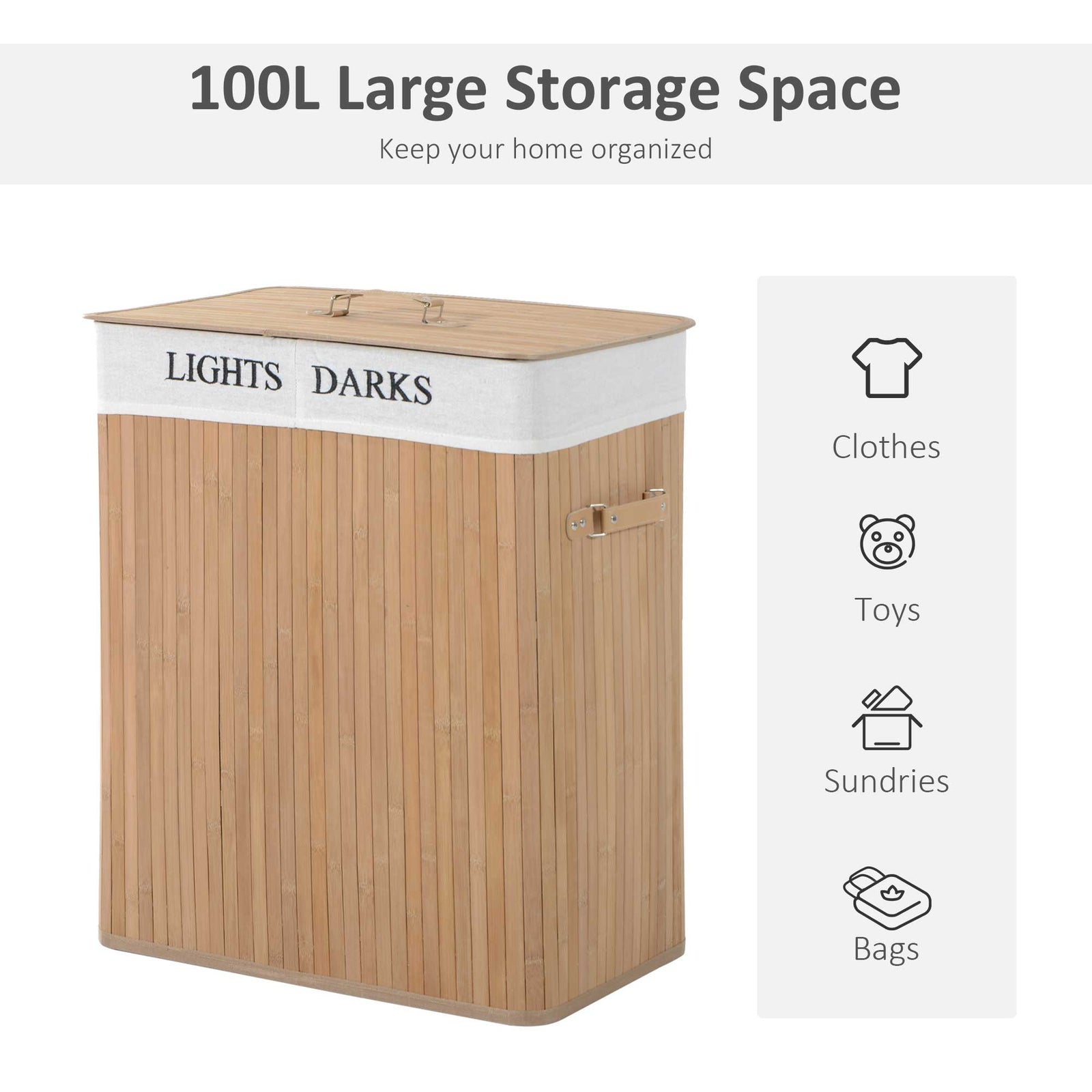 100l Laundry Hamper Large 100l Double Washing Clothes Basket | One Size | Natura