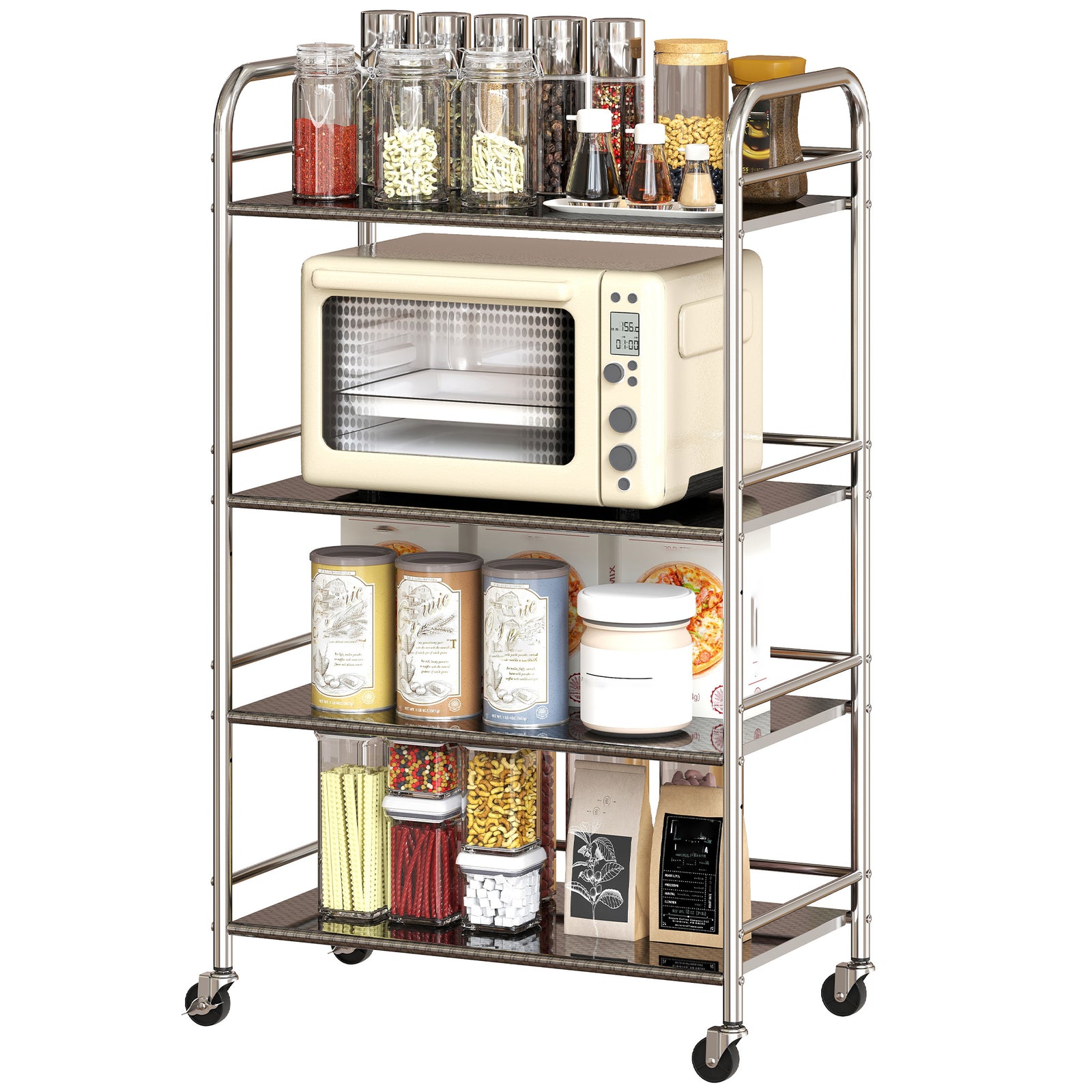 4 Tier Kitchen Trolley On Wheels Serving Cart With Handles Silver