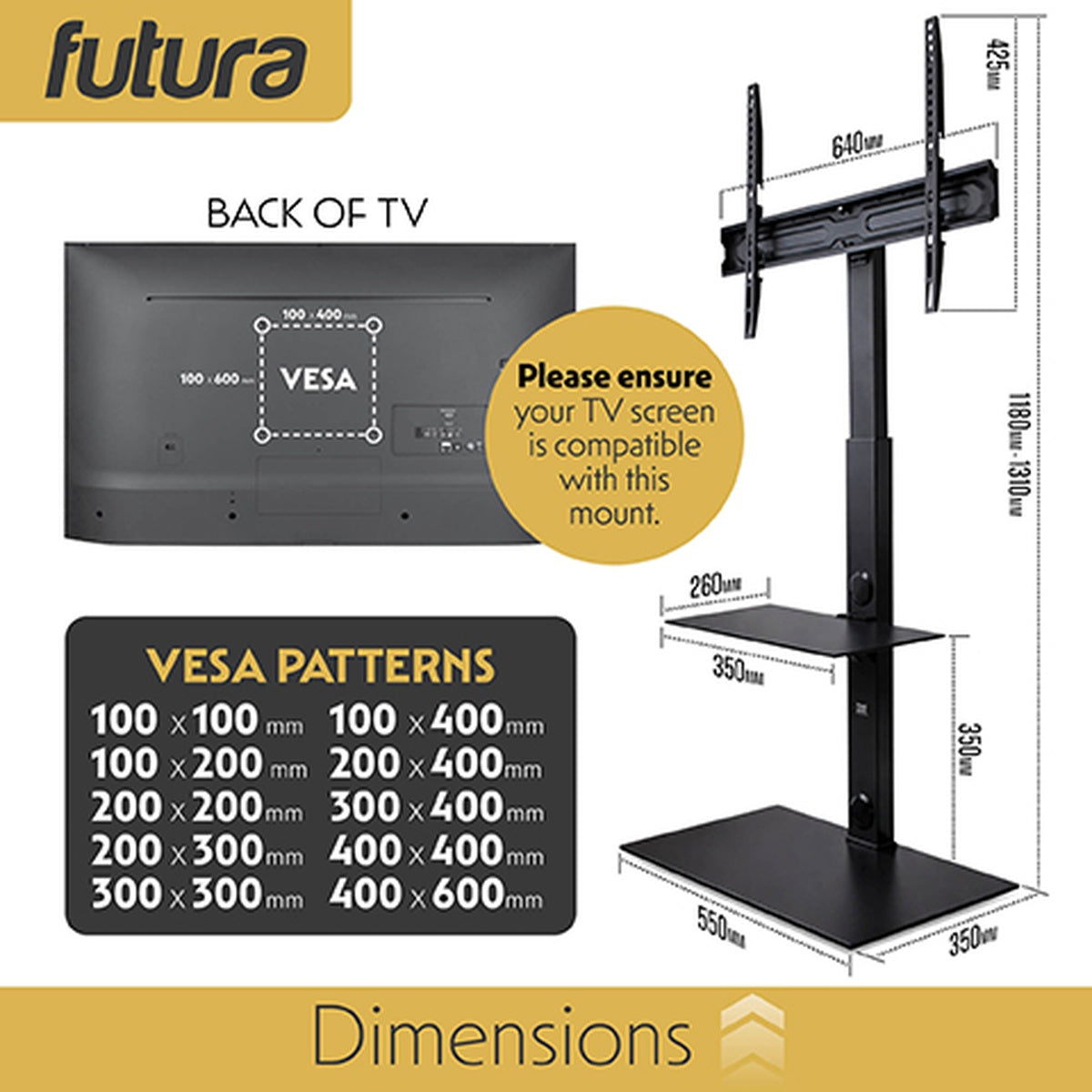 Futura Futura Tv Floor Stand 30 To 75 Inch Height Adjustable Swivel Mount With Shelf Supports 40kg