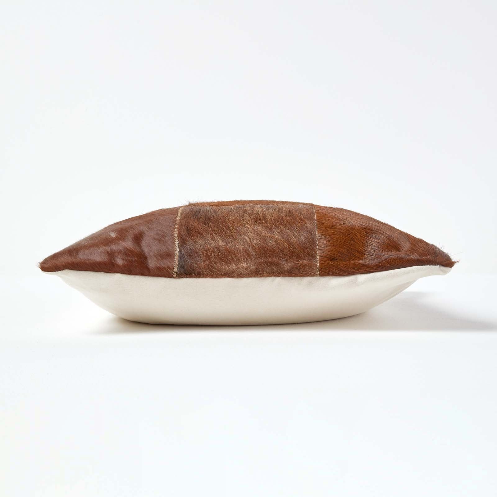 Real Leather & Goat Hair Check Cushion With Feather Filling | 45cm x 45cm | Beige Brown